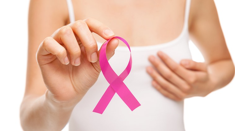 Woman with a pink breast cancer awareness ribbon